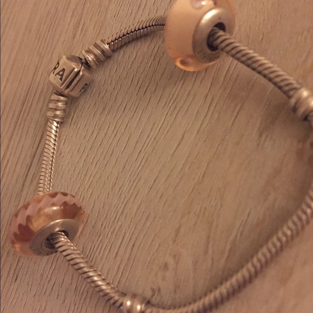 Pandora Silver Bracelet & 2 Pink Glass Beads